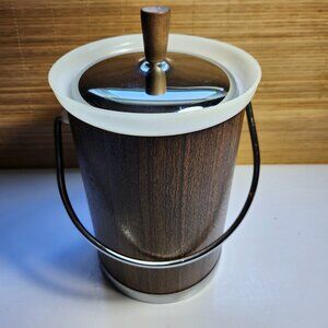 Vintage Mid-Century Kromex Faux Wood Grain Ice Bucket w-Chrome Top and Handle